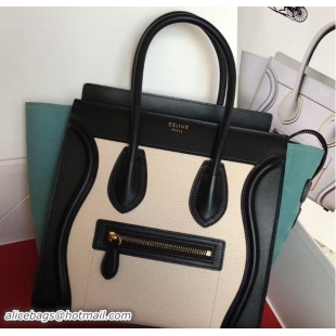 Pretty Style Celine Luggage Micro Tote Bag in Original Leather 703099 Black/Grained Beige/Crinkle Ice Green