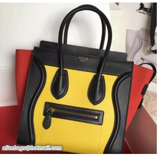 Top Grade Celine Luggage Micro Tote Bag in Original Leather Black/Grained Yellow/Crinkle Red 703099