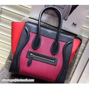 Sophisticated Celine Luggage Micro Tote Bag in Original Leather Black/Grained Fushia/Red 703099