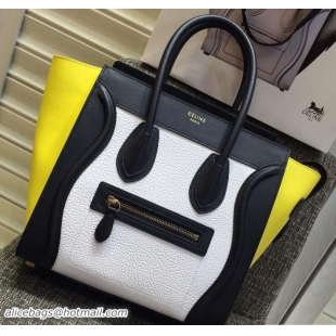 Chic Celine Luggage Micro Tote Bag in Original Leather Black/Grained White/Yellow 703101