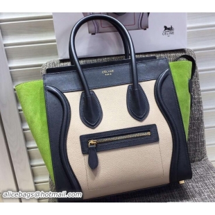 Discount Fashion Celine Luggage Micro Tote Bag in Original Leather Black/Grained Beige/Suede Green 703101