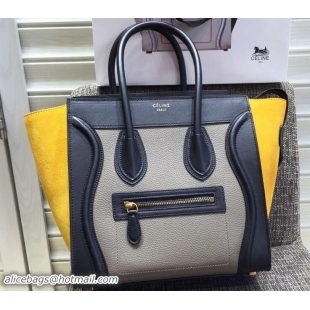 Grade Quality Celine Luggage Micro Tote Bag in Original Leather Black/Grained Gray/Suede Yellow 703101