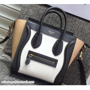 Top Quality Celine Luggage Nano Tote Bag in Original Leather Black/White/Apricot 7031101