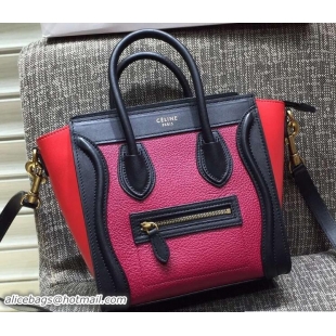 Duplicate Celine Luggage Nano Tote Bag in Original Leather Black/Grained Fushia/Red 7031101