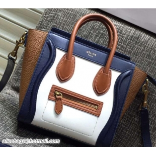 Duplicate Celine Luggage Nano Tote Bag in Original Leather Navy Blue/White/Grained Khaki 7031101