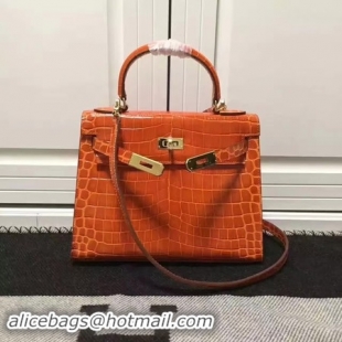 Famous Brand Hermes Kelly 28cm Shoulder Bag Croco Leather K28 Orange