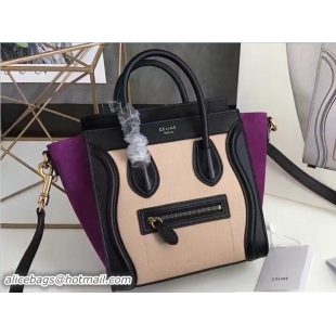 Top Design Celine Luggage Nano Tote Bag in Original Leather Black/Grained Beige/Suede Purple 71804