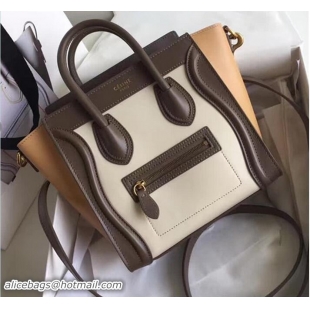 Best Price Celine Luggage Nano Tote Bag In Original Calfskin Leather White/Chocolate/Yellow 71915