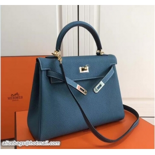 Cheap Hermes Kelly 25cm In Original Calfskin Leather Bag 72201 Blue