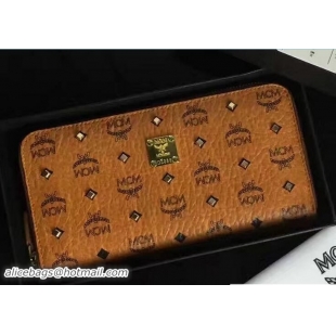 Classic MCM Studded Color Visetos Zip Around Large Wallet 81121 Cognac