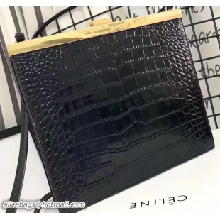 Celine Croco Pattern Mini Clasp Shoulder Bag 81303 Black