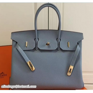 Grade Quality Hermes Clemence Leather Birkin 25cm Bag 81505 Baby Blue with Gold Hardware