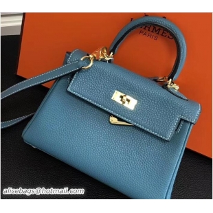 Unique Style Hermes Clemence Leather Kelly 20cm Mini Bag 32701 Denim Blue