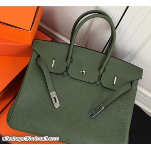 Stylish Hermes Clemence Leather Birkin 25 Bag Olive Green with Silver Hardware 327012