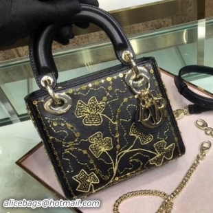 Particularly Dior Mini Lady Dior Bag in Threads Clovers Embroidered Calfskin 101601 Black/Gold 2018 Collection