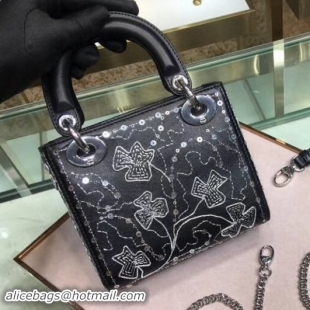 Popular Style Dior Mini Lady Dior Bag in Threads Clovers Embroidered Calfskin 101601 Black/Silver 2018 Collection