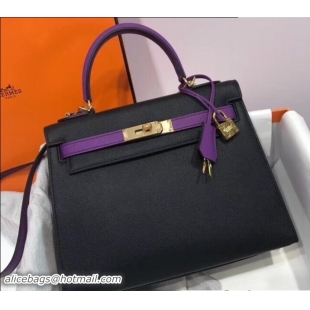 AAAAA Hermes Bicolor Kelly 28cm Bag in Epsom Leather 1102256 Black/Purple