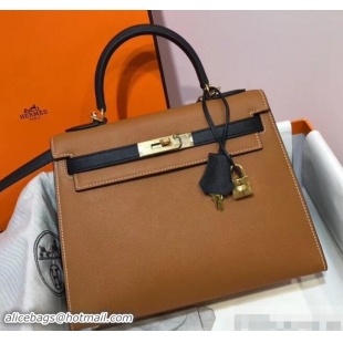 Luxury Cheap Hermes Kelly 28 cm Top Handle Bag in Epsom Leather 100202 Caramel Brown/Black