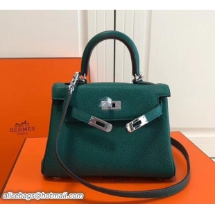 Stylish Hermes mini kelly 20 bag atrovirens in clemence leather with silver hardware 103016