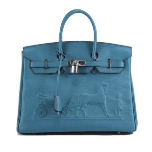 Hermes Birkin 35cm Horse-Drawn 6089 Blue Silver