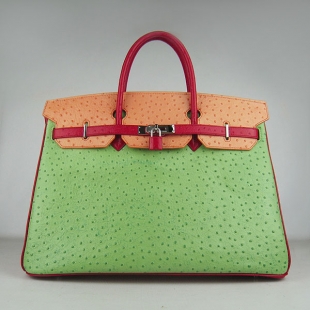 Hermes Birkin 40CM Ostrich Veins Leather Bag Red-Orange-Green 6099 Silver