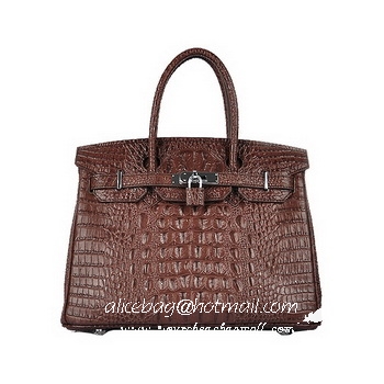 Hermes Birkin 30CM Tote Bag Croco Brown Leather H6088 Silver