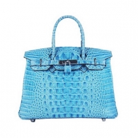 Hermes Birkin 30cm Crocodile Veins Bag Blue 6088 Silver Hardware