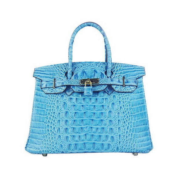 Hermes Birkin 30cm Crocodile Veins Bag Blue 6088 Gold Hardware