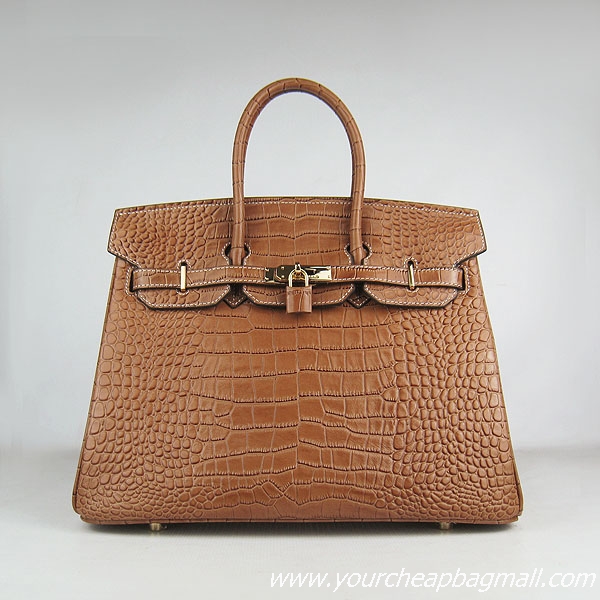 Hermes Birkin 35cm Crocodile Veins Leather Bag Light Coffee 6089 Gold Hardware