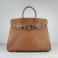 Hermes Birkin 35cm Crocodile Veins Leather Bag Light Coffee 6089 Silver Hardware