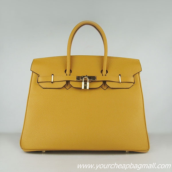 Hermes 35cm Embossed Veins Leather Bag Yellow 6089 Gold Hardware