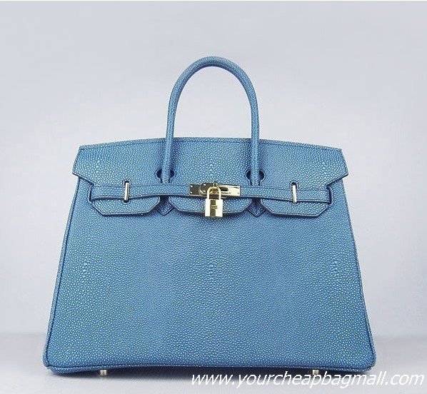 Hermes Birkin 35cm Pearl Veins Leather Bag Blue 6089 Gold Hardware