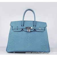 Hermes Birkin 35cm Pearl Veins Leather Bag Blue 6089 Silver Hardware