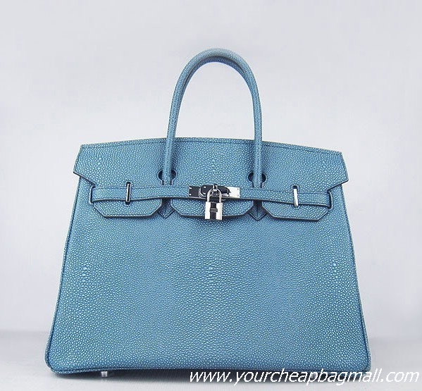 Hermes Birkin 35cm Pearl Veins Leather Bag Blue 6089 Silver Hardware