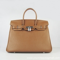 Hermes 35cm Embossed Veins Leather Bag Light Coffee 6089 Silver Hardware