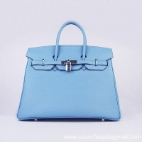 Hermes 35cm Embossed Veins Leather Bag Light Blue 6089 Silver Hardware