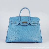 Hermes Birkin 35cm Ostrich Veins Handbag Blue 6089 Gold Hardware