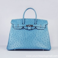 Hermes Birkin 35cm Ostrich Veins Handbag Blue 6089 Silver Hardware