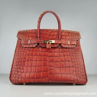 Hermes Birkin 35cm Crocodile Veins Leather Bag Dark Orange 6089 Gold Hardware