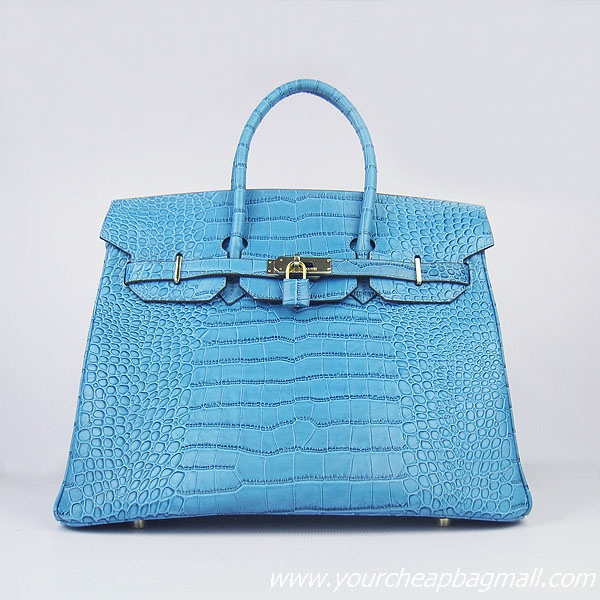 Hermes Birkin 35cm Crocodile Veins Leather Bag Light Blue 6089 Gold Hardware