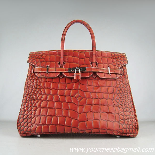 Hermes Birkin 35cm Crocodile Veins Leather Bag Dark Orange 6089 Silver Hardware