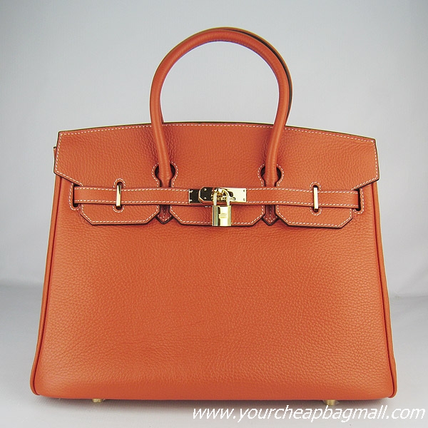 Hermes 35cm Embossed Veins Leather Bag Orange 6089 Gold Hardware