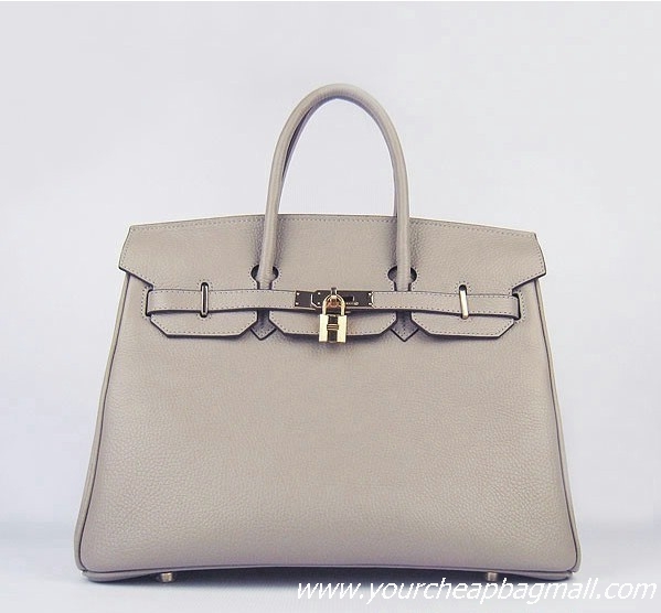 Hermes 35cm Embossed Veins Bag Grey Gold Hardware 6089