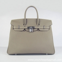 Hermes 35cm Embossed Veins Leather Bag Grey 6089 Silver Hardware