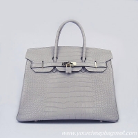 Hermes Birkin 35cm Crocodile Veins Leather Bag Grey Gold Hardware 6089