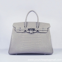 Hermes Birkin 35cm Crocodile Veins Leather Bag Grey Silver Hardware 6089