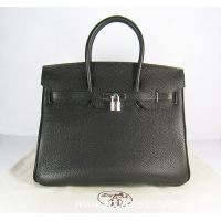 Hermes Birkin 35cm Embossed Veins Leather Bag Black 6089 Silver Hardware