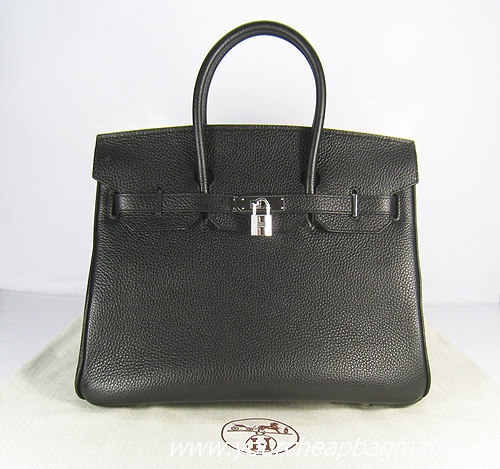 Hermes Birkin 35cm Embossed Veins Leather Bag Black 6089 Silver Hardware