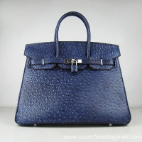 Hermes Birkin 35cm Ostrich Veins Handbag Dark Blue 6089 Silver Hardware