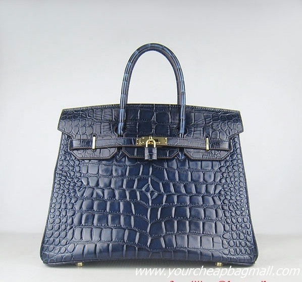 Hermes Birkin 35cm Max Crocodile Veins Leather Bag Dark Blue 6089 Gold Hardware